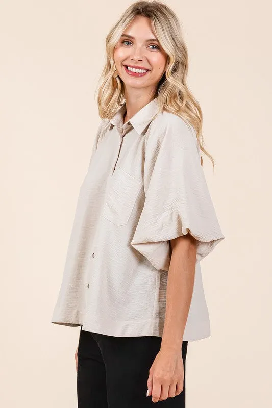 Airflow Short Bubble Sleeve Button-Down Shirt