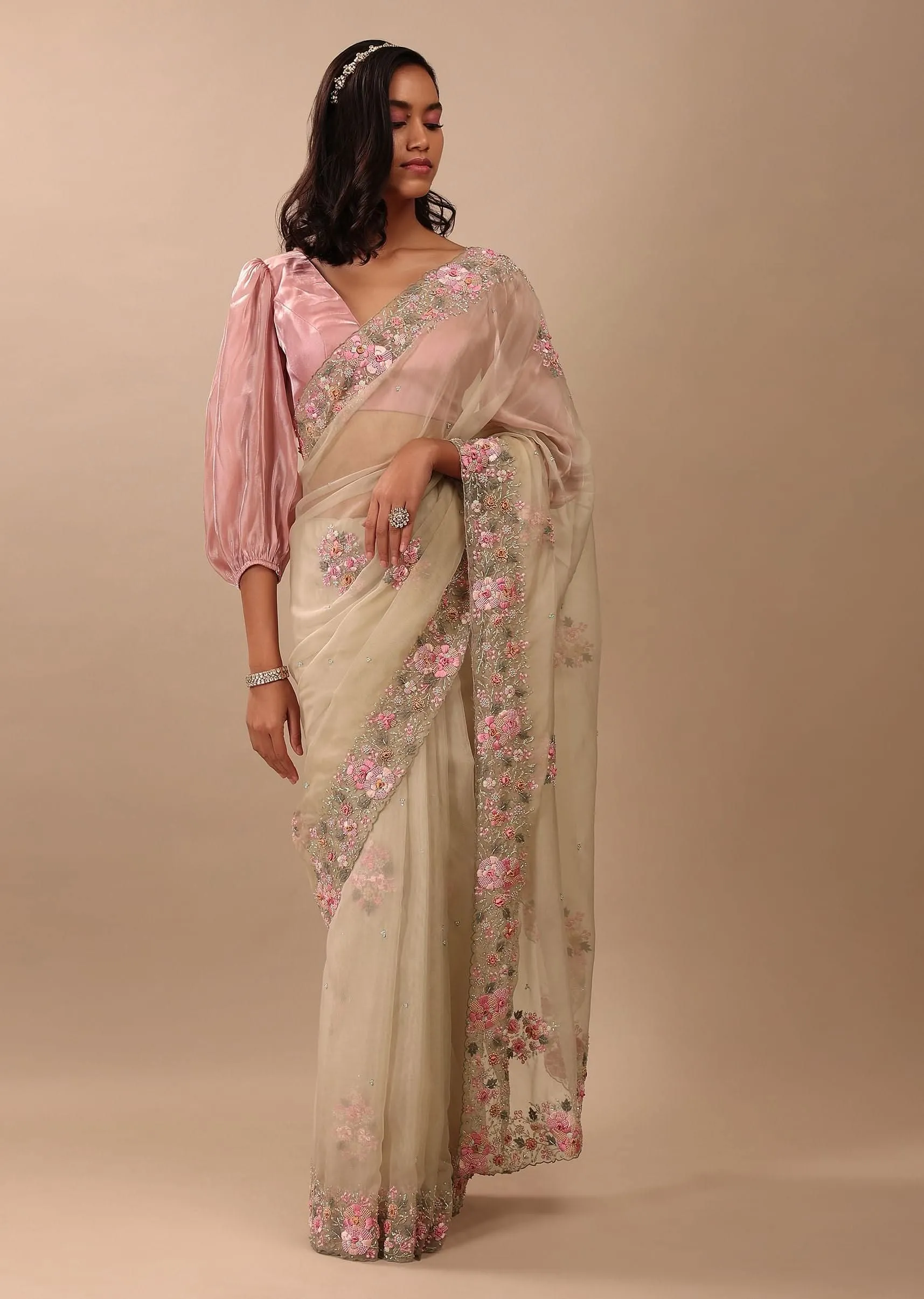 Beige White Saree In Organza Fabric And Floral Embroidery With Cut Dana & Moti