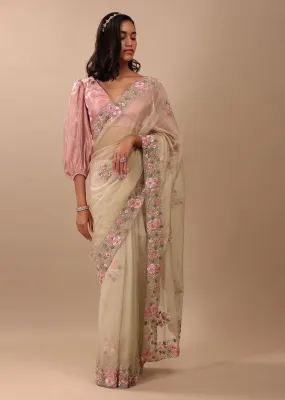 Beige White Saree In Organza Fabric And Floral Embroidery With Cut Dana & Moti
