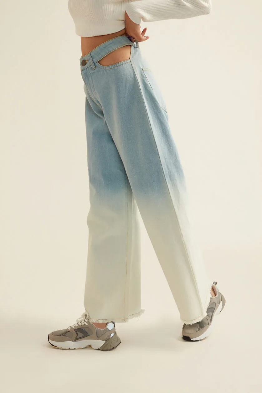 Blue White Ombre Denim Jeans with Pocket Cut-outs