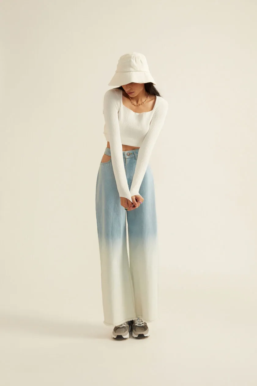 Blue White Ombre Denim Jeans with Pocket Cut-outs
