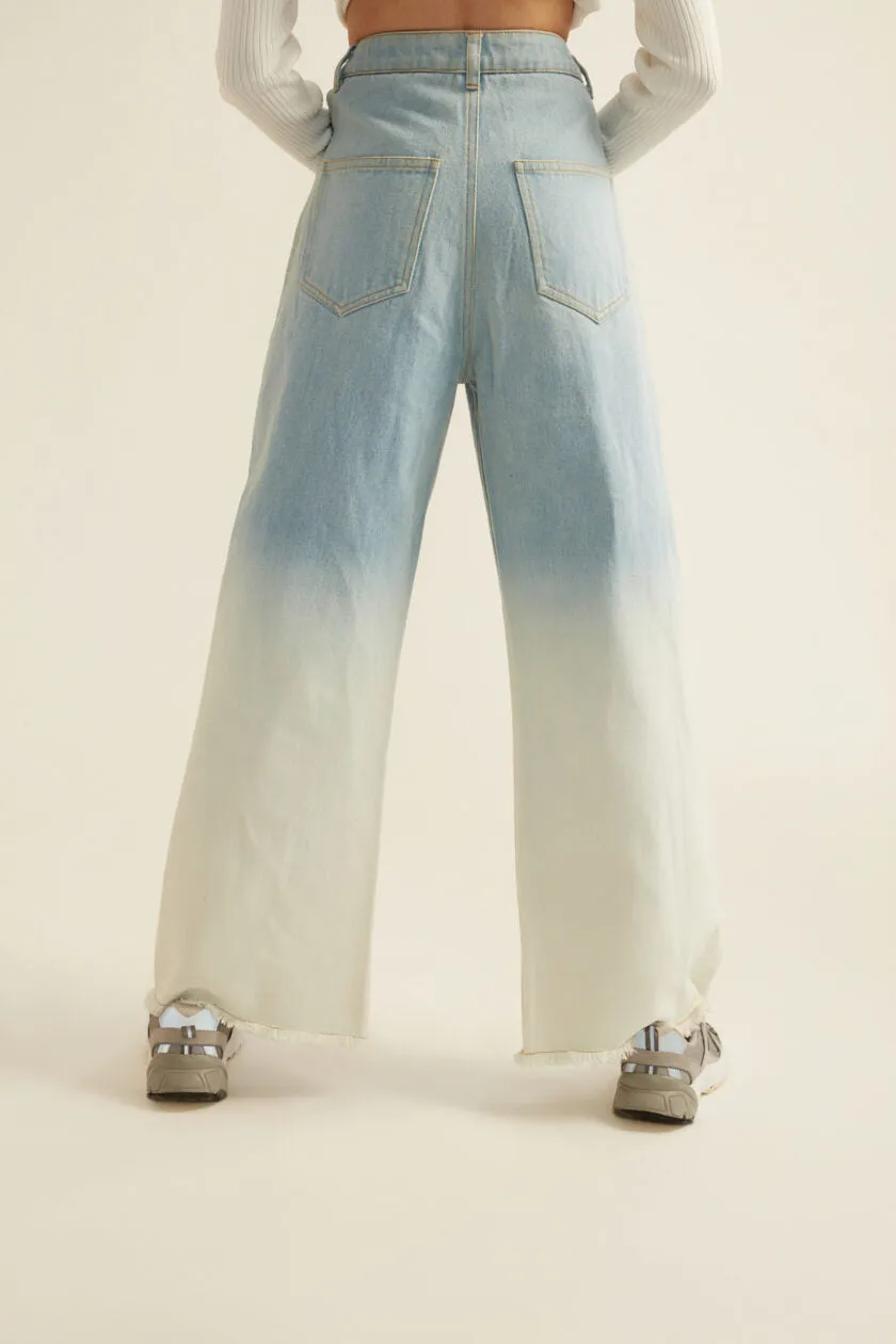 Blue White Ombre Denim Jeans with Pocket Cut-outs