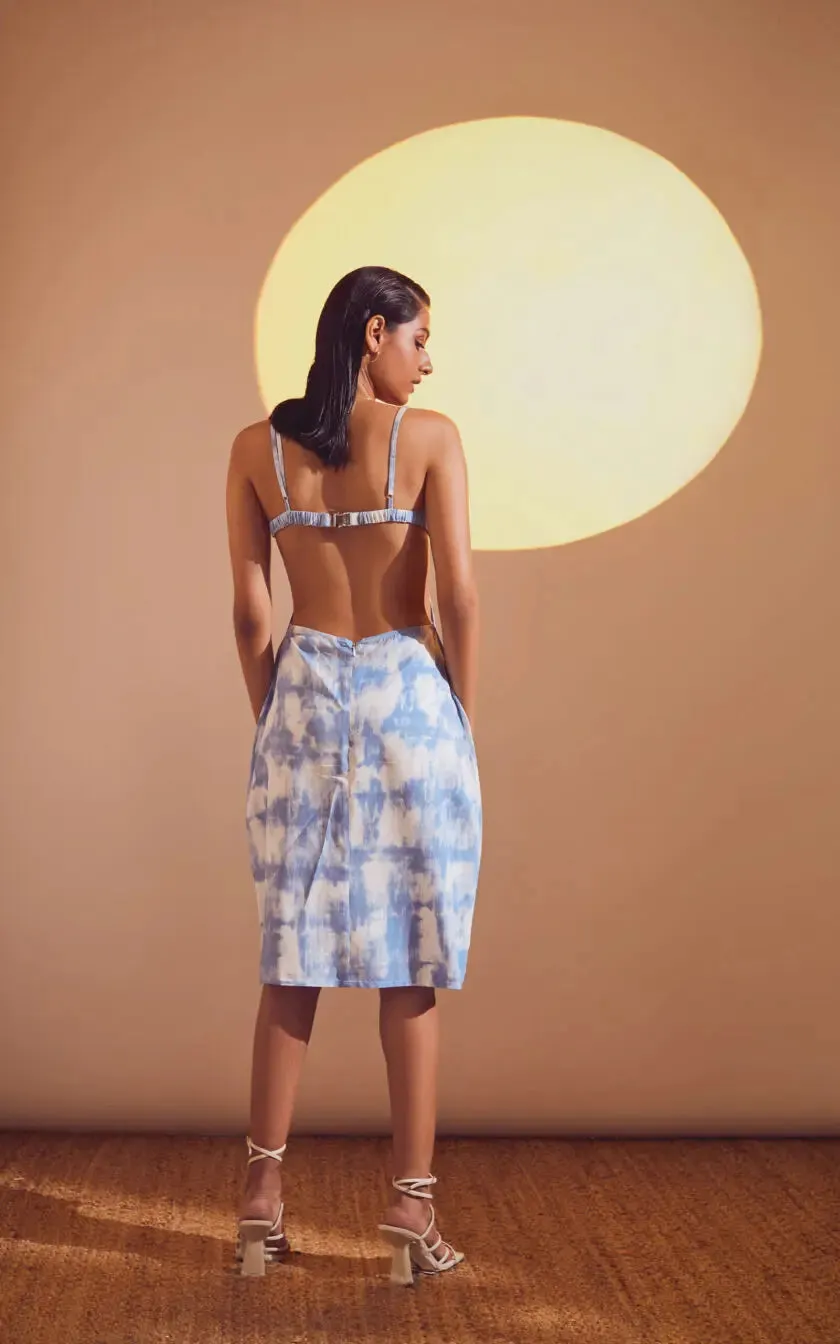 Blue-White Printed Tie-Dye Effect Back Opening Fitted Dress