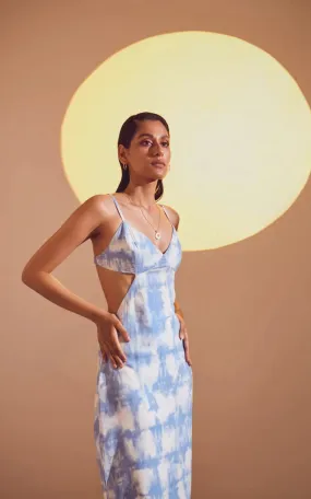 Blue-White Printed Tie-Dye Effect Back Opening Fitted Dress