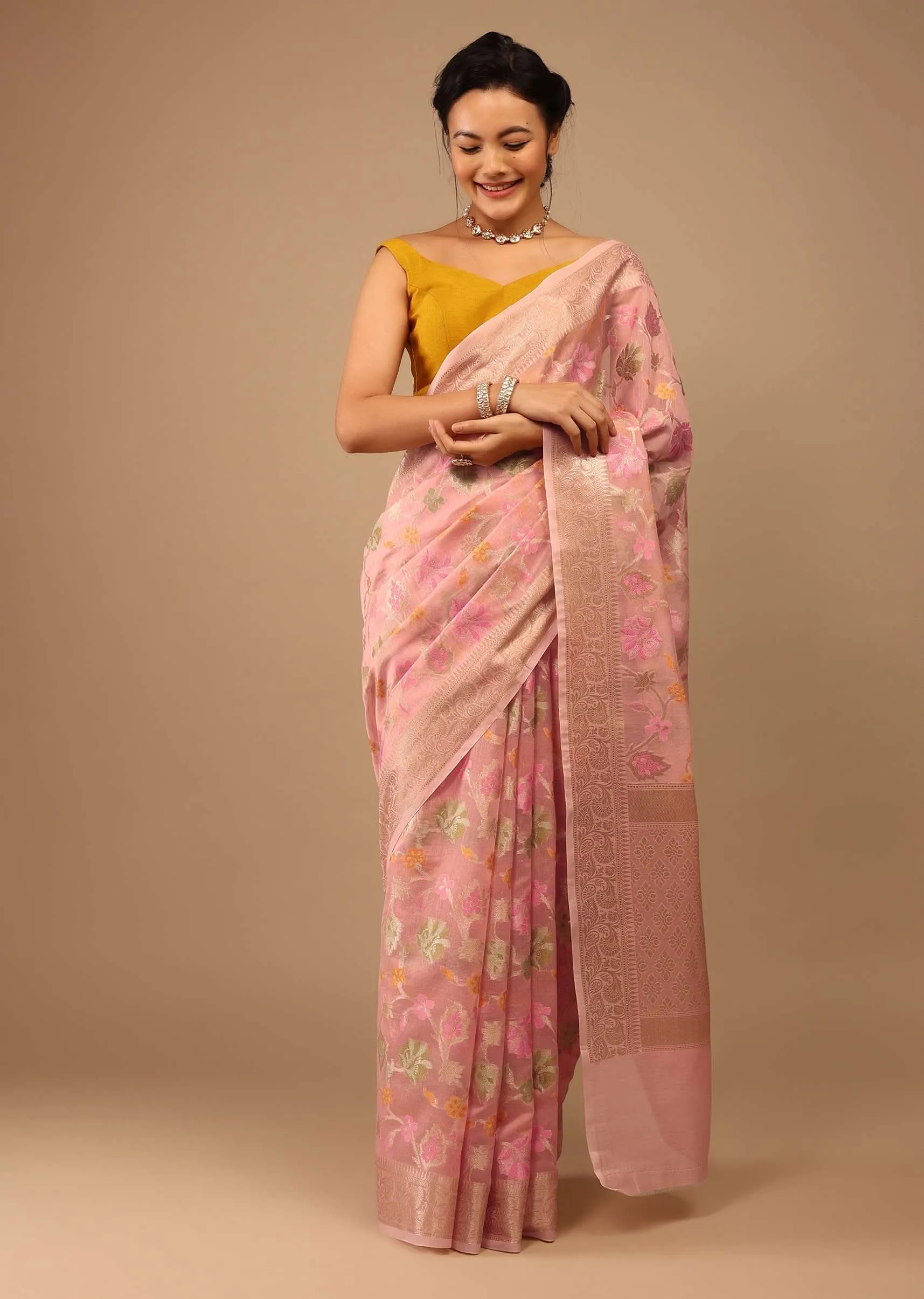 Blush Pink Saree In Banarsi Chanderi And Pure Handloom Cotton