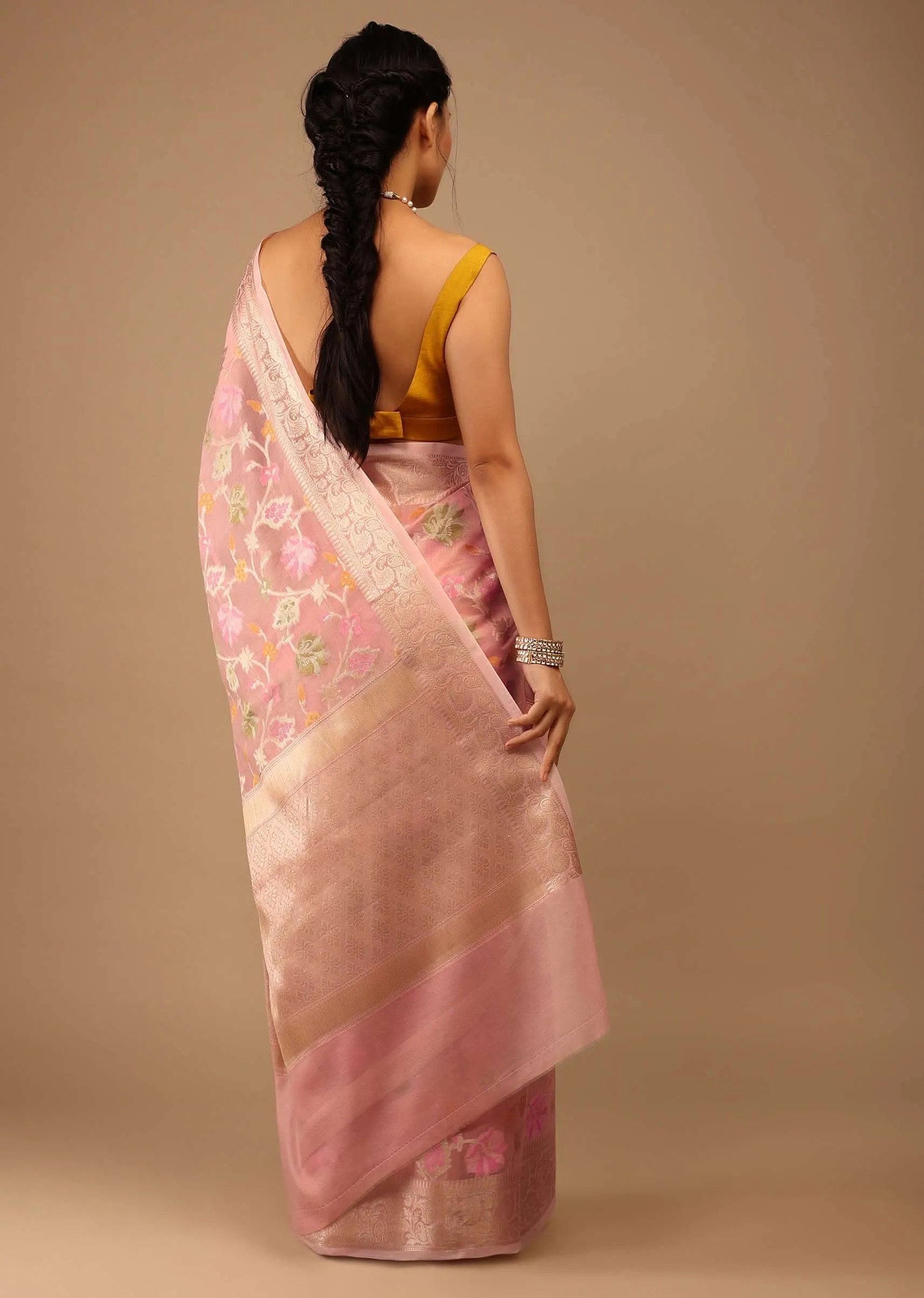 Blush Pink Saree In Banarsi Chanderi And Pure Handloom Cotton