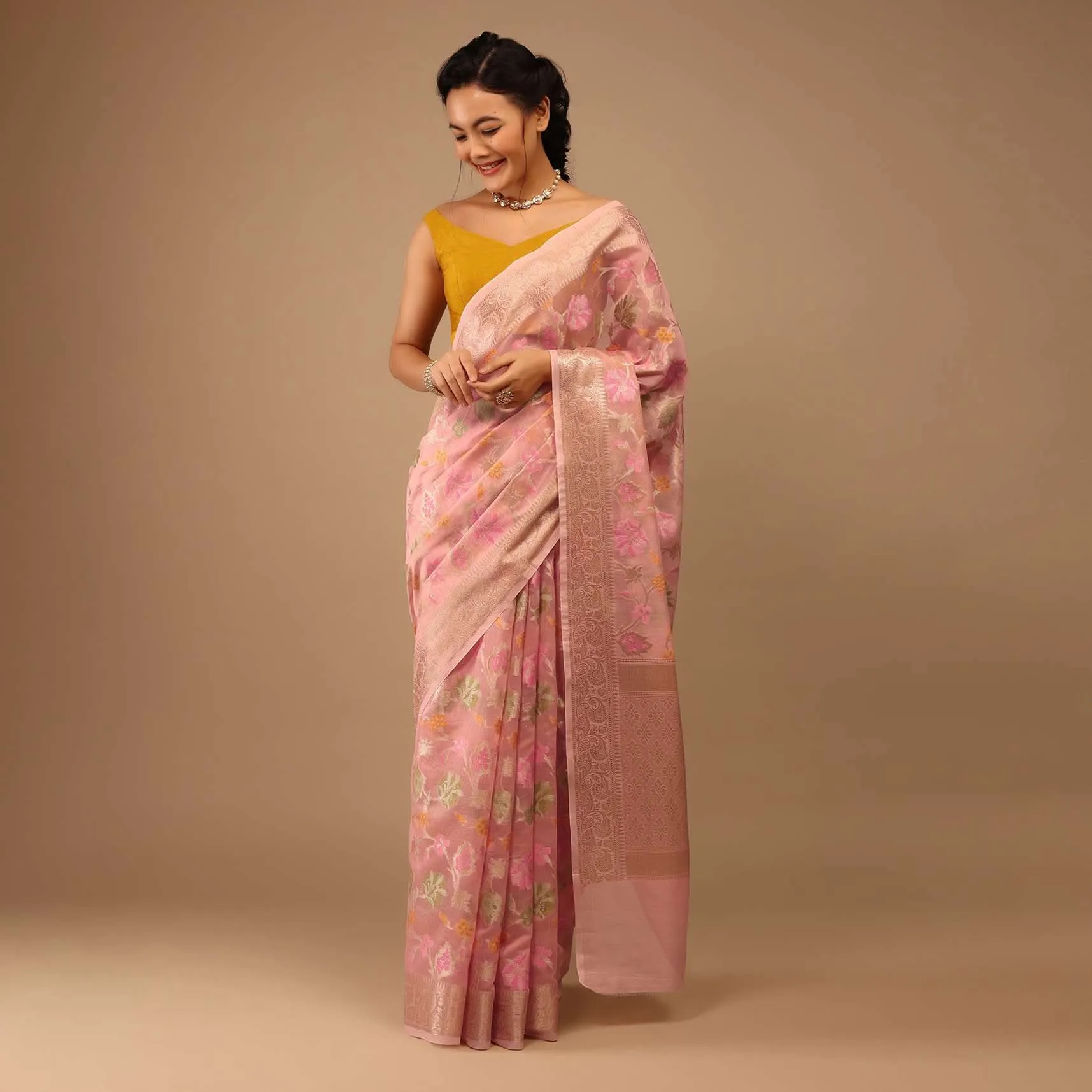 Blush Pink Saree In Banarsi Chanderi And Pure Handloom Cotton