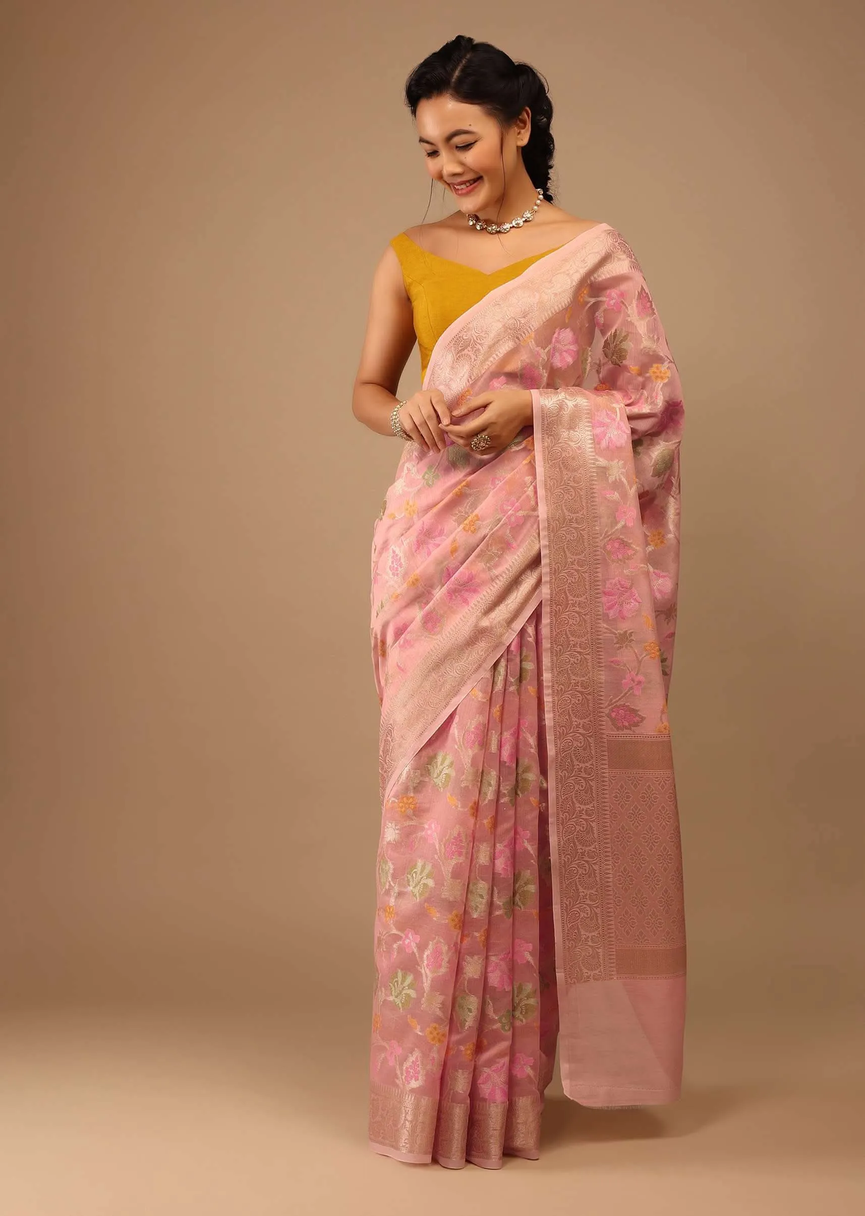 Blush Pink Saree In Banarsi Chanderi And Pure Handloom Cotton