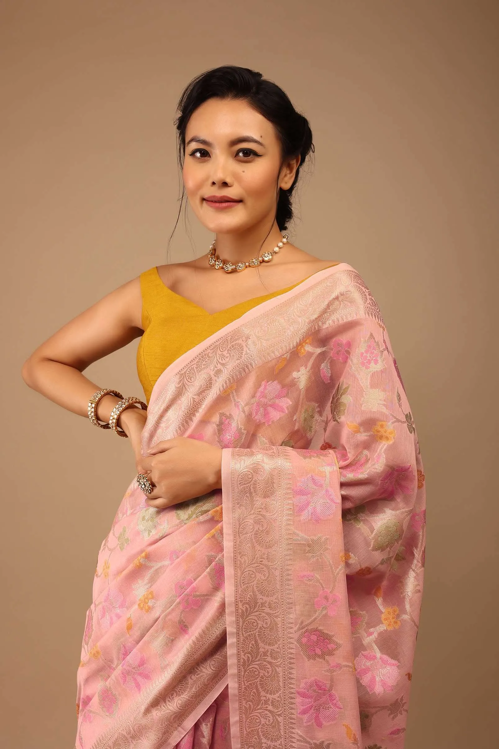 Blush Pink Saree In Banarsi Chanderi And Pure Handloom Cotton