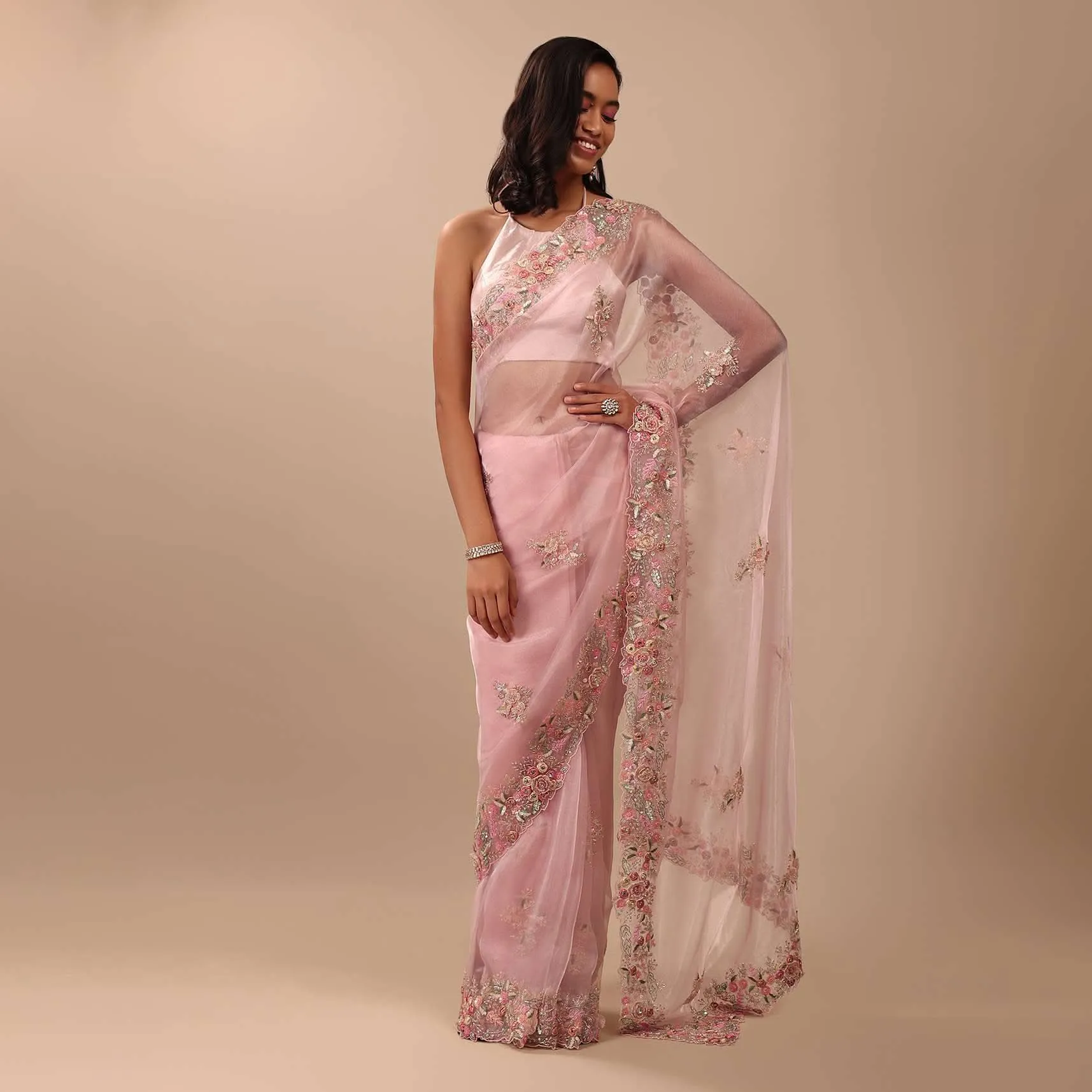 Blush Pink Saree In Glass Tissue With 3D Floral Embroidery In Moti, Sequin & Cut Dana