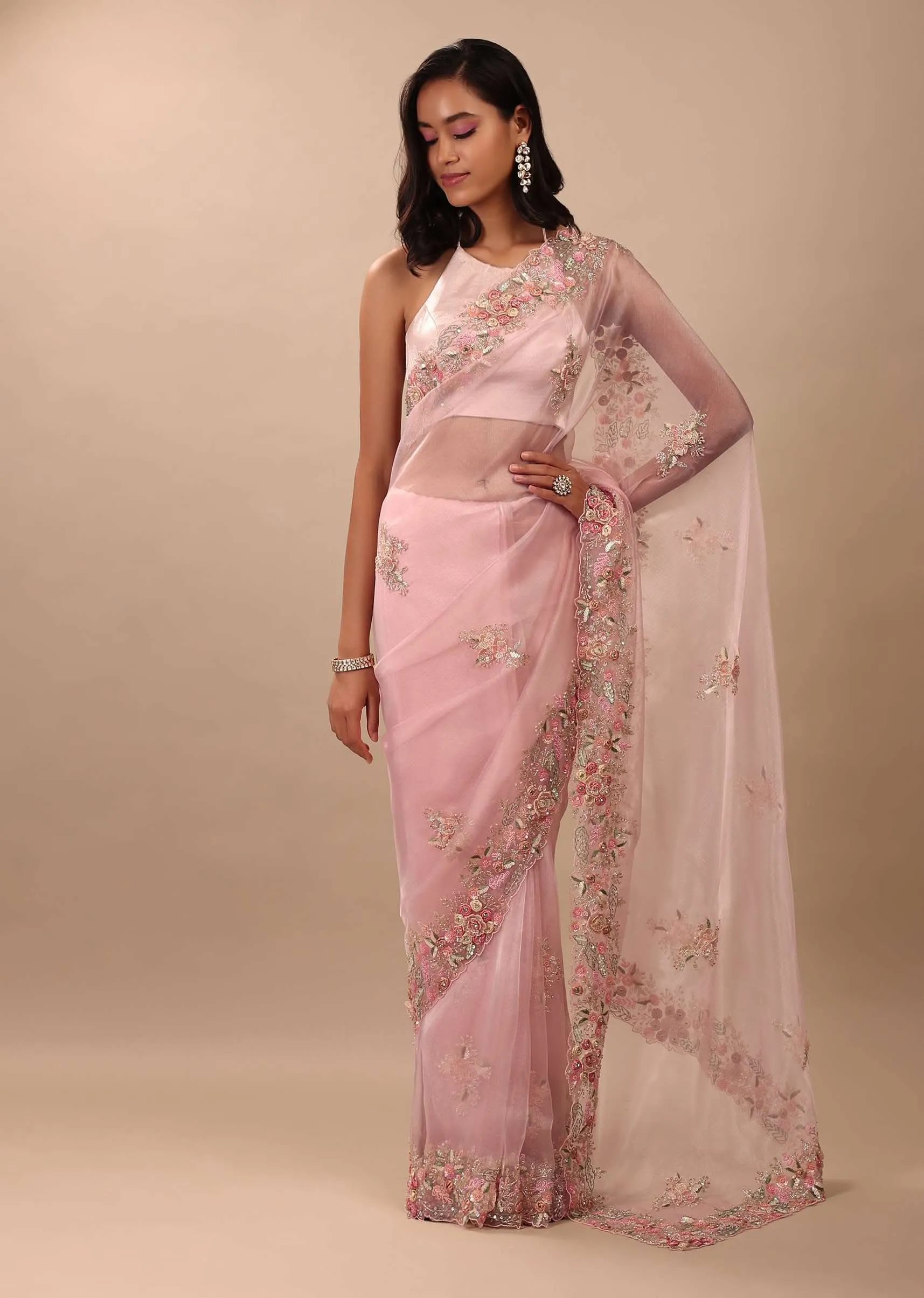 Blush Pink Saree In Glass Tissue With 3D Floral Embroidery In Moti, Sequin & Cut Dana