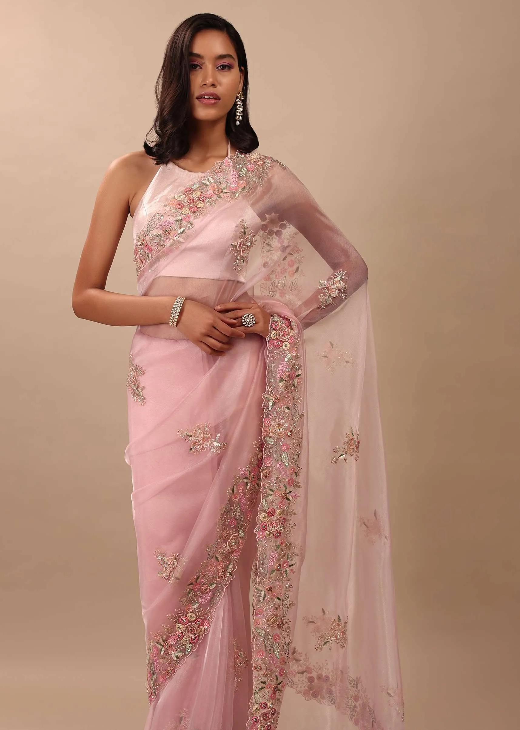 Blush Pink Saree In Glass Tissue With 3D Floral Embroidery In Moti, Sequin & Cut Dana