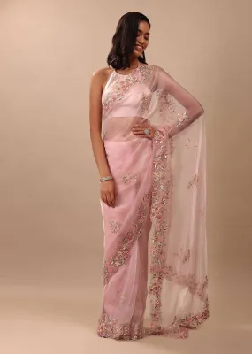 Blush Pink Saree In Glass Tissue With 3D Floral Embroidery In Moti, Sequin & Cut Dana