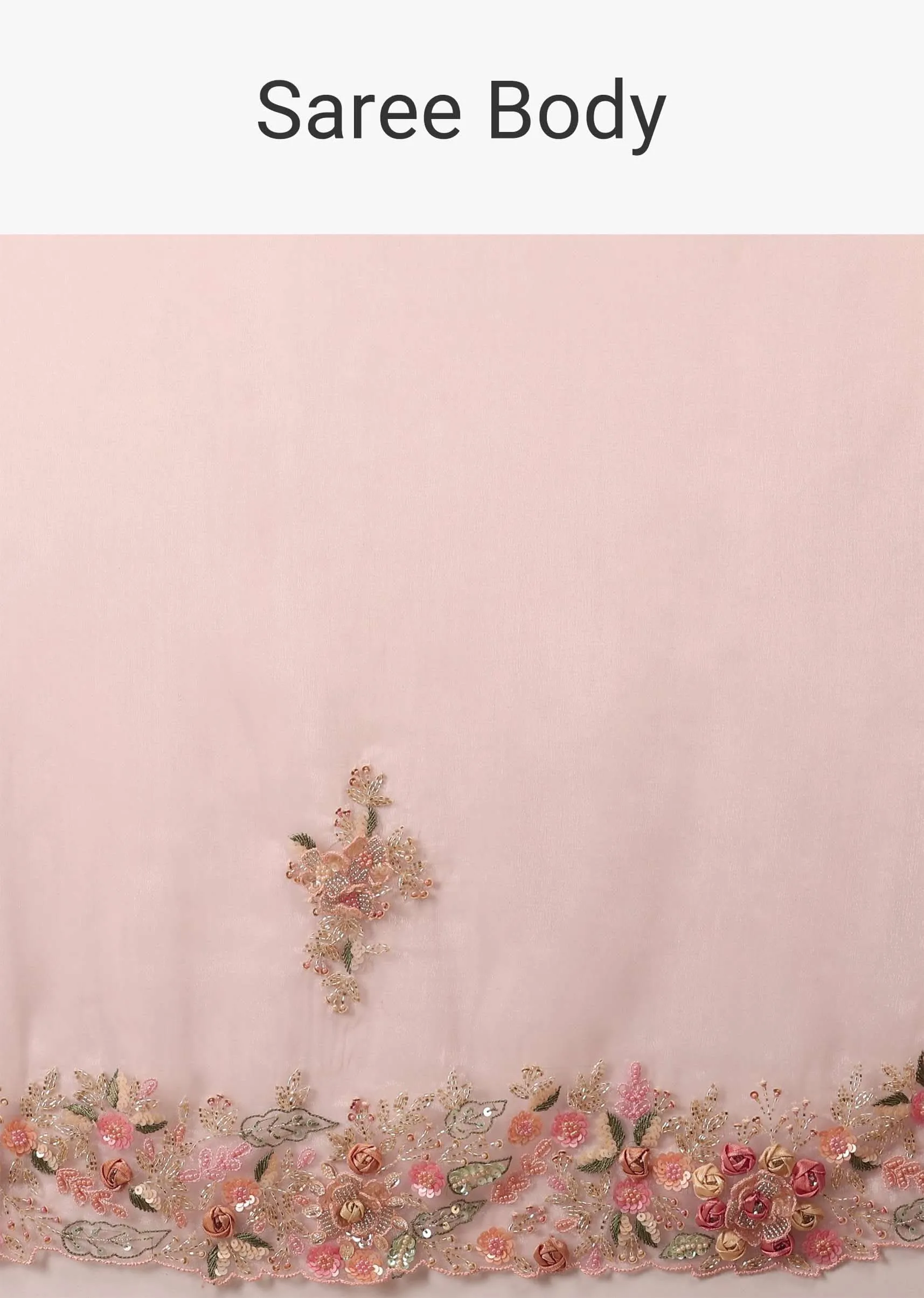Blush Pink Saree In Glass Tissue With 3D Floral Embroidery In Moti, Sequin & Cut Dana