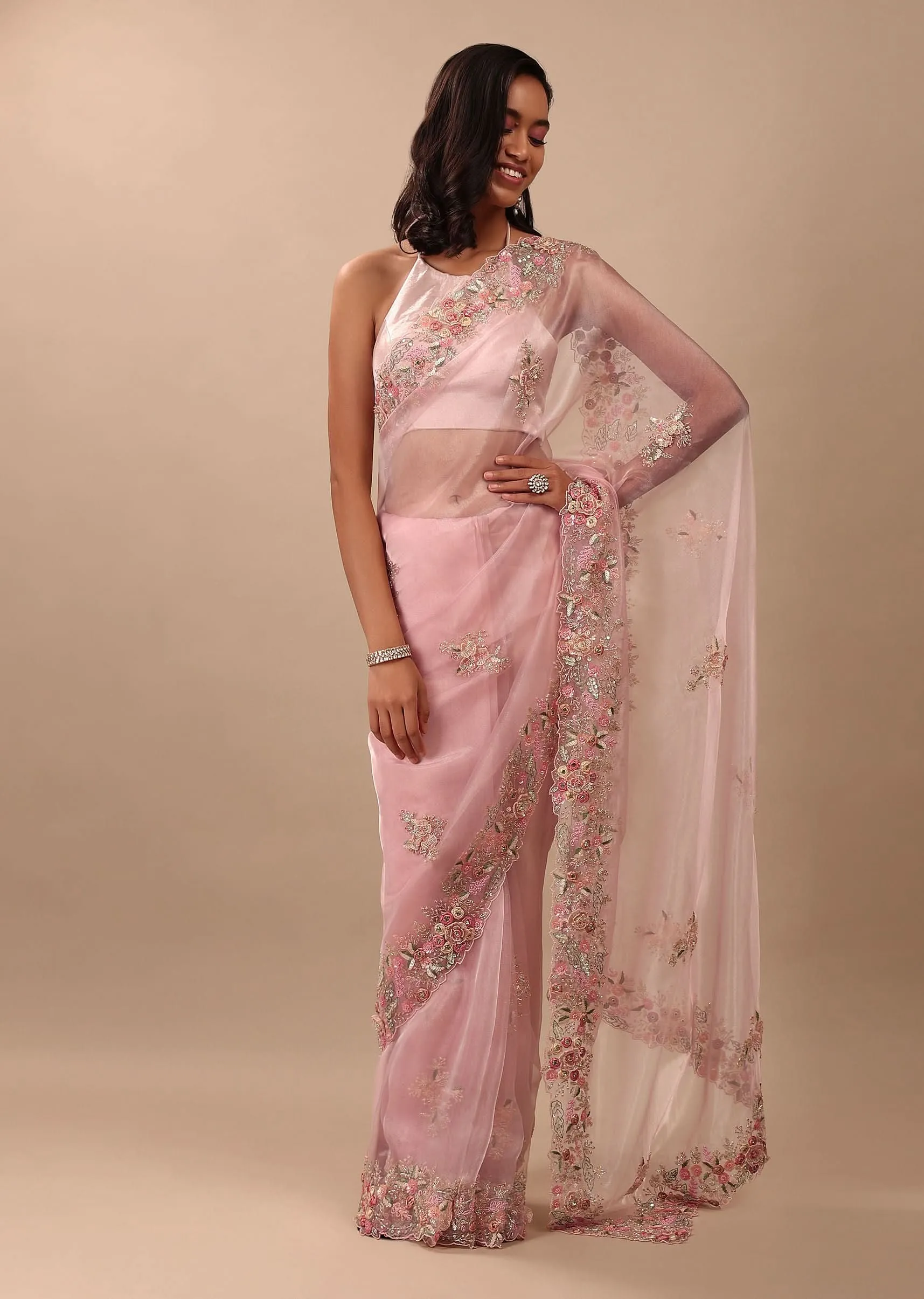 Blush Pink Saree In Glass Tissue With 3D Floral Embroidery In Moti, Sequin & Cut Dana