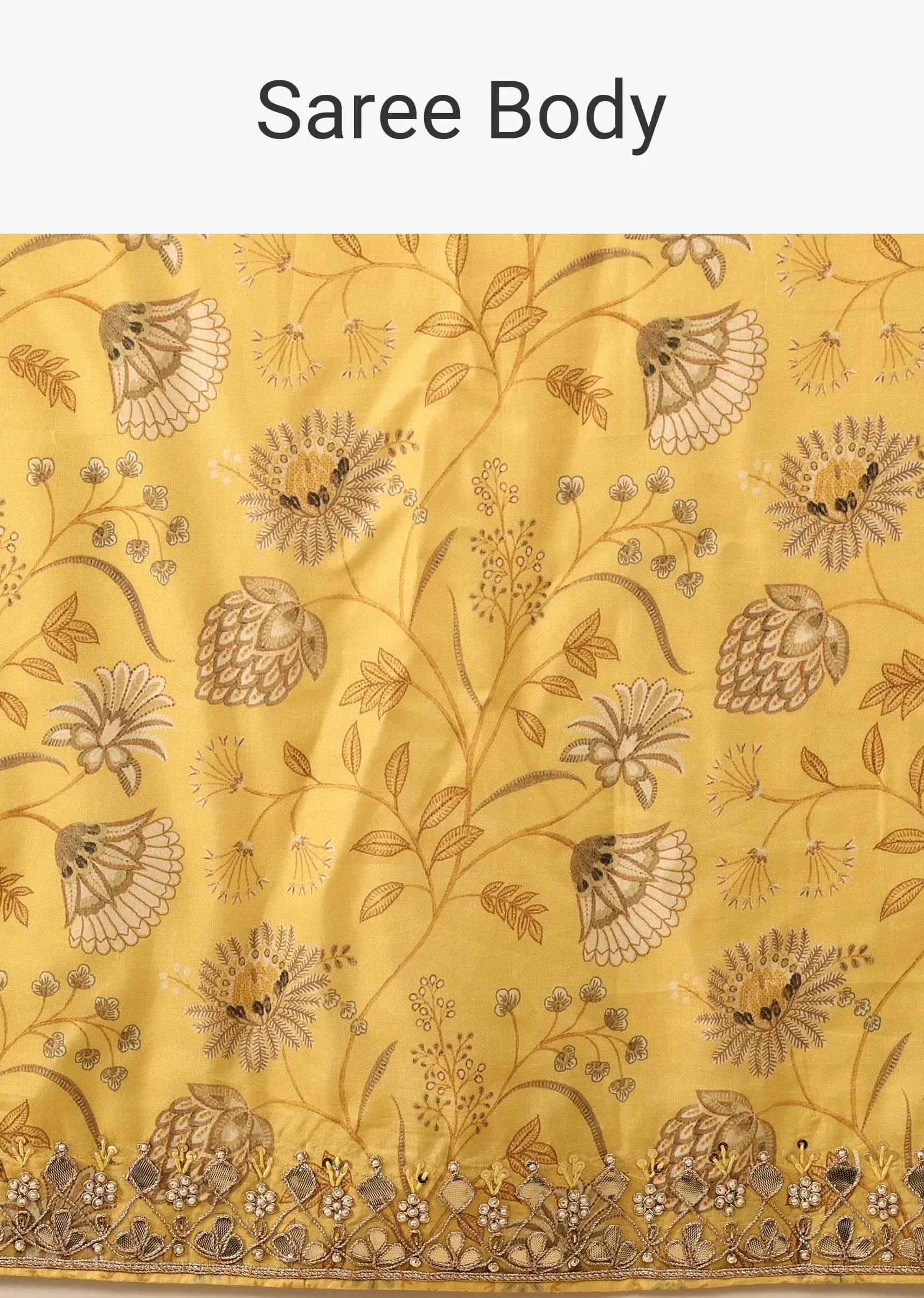 Canary Yellow Saree In Muslin With Floral Handblock Print And Embroidery