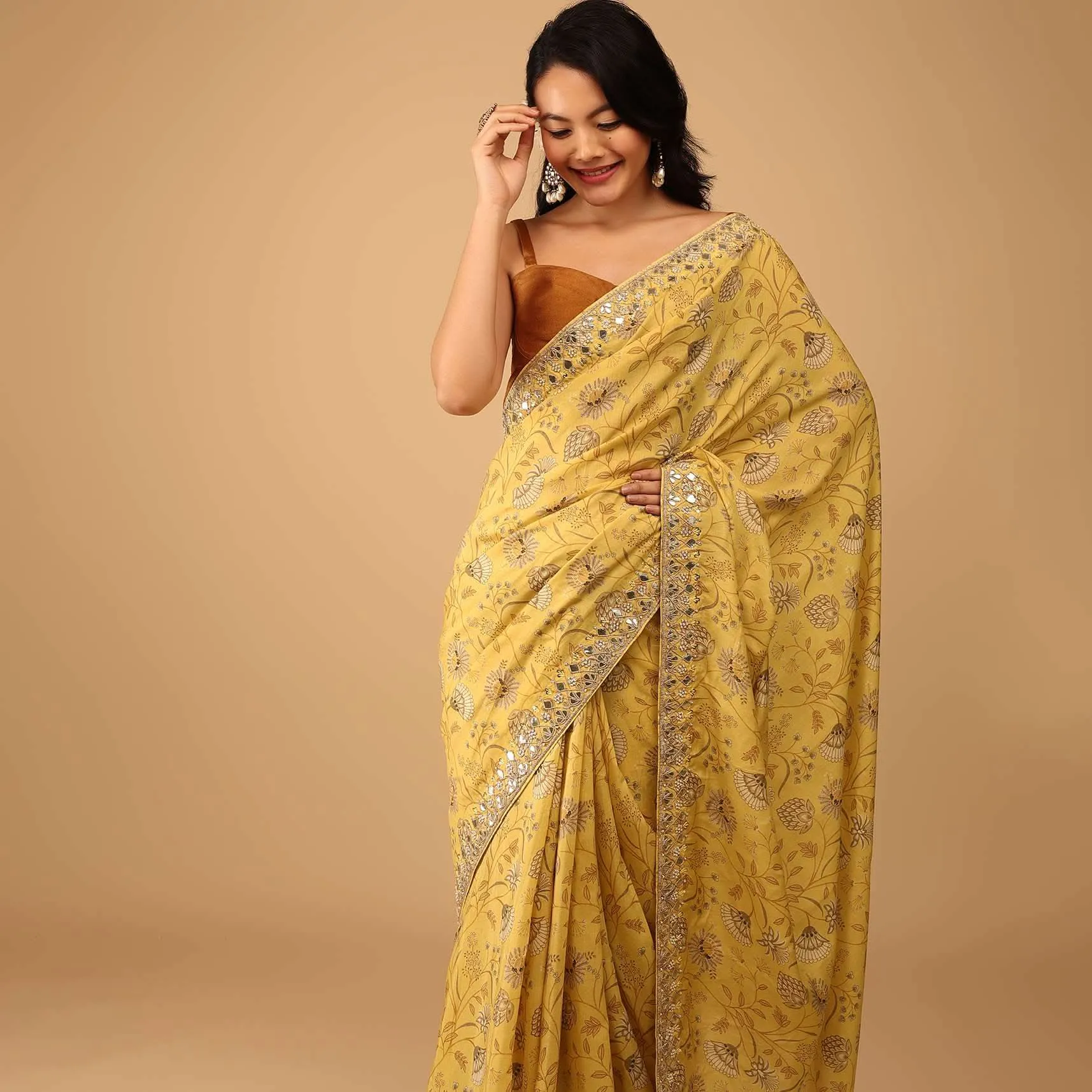 Canary Yellow Saree In Muslin With Floral Handblock Print And Embroidery