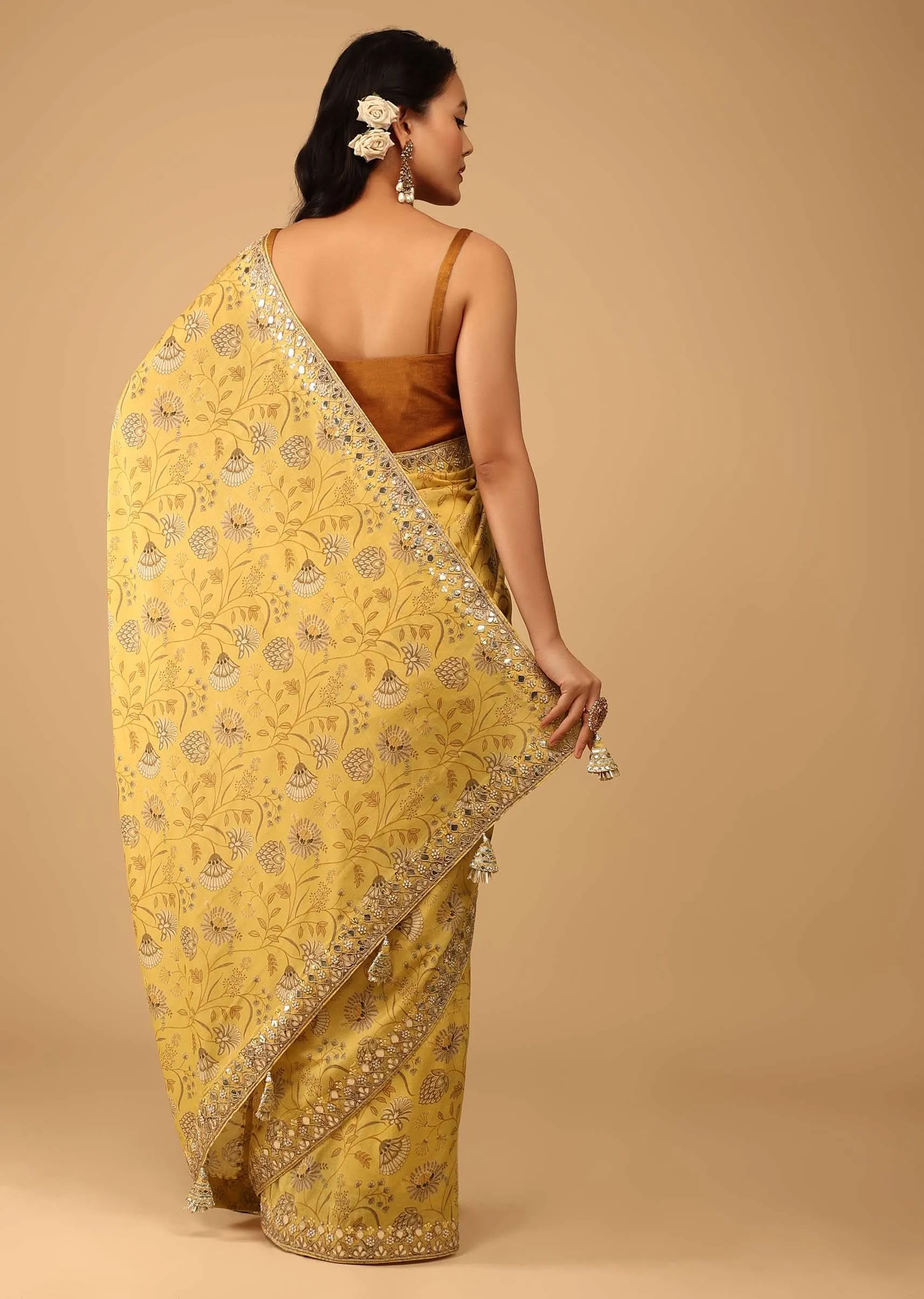 Canary Yellow Saree In Muslin With Floral Handblock Print And Embroidery