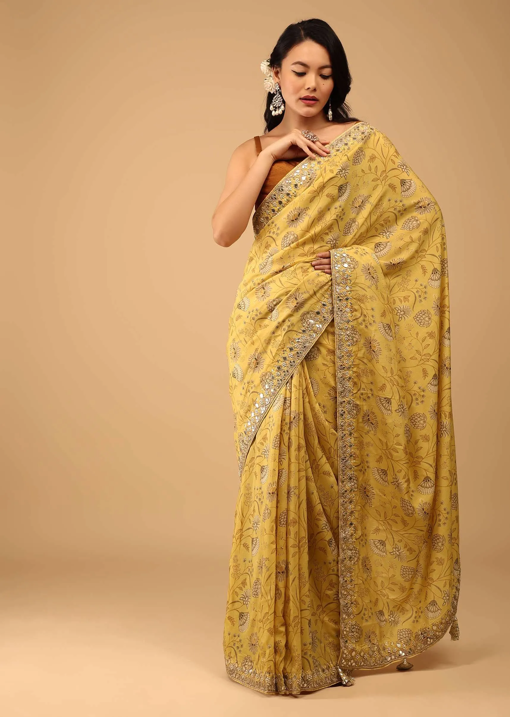 Canary Yellow Saree In Muslin With Floral Handblock Print And Embroidery