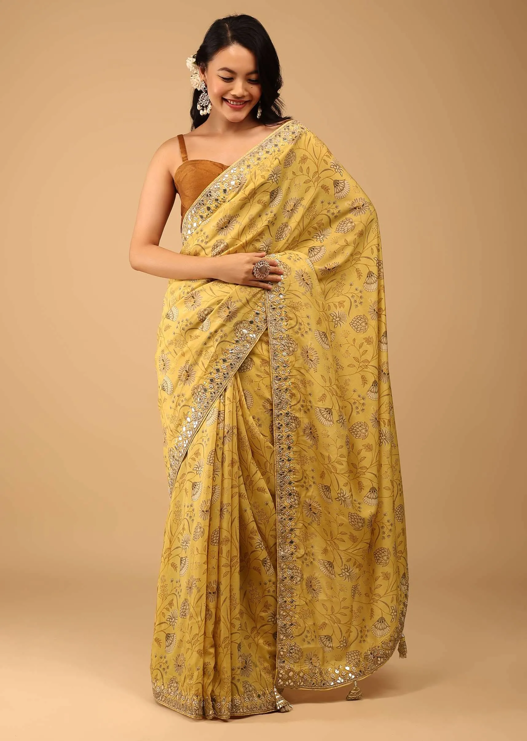 Canary Yellow Saree In Muslin With Floral Handblock Print And Embroidery