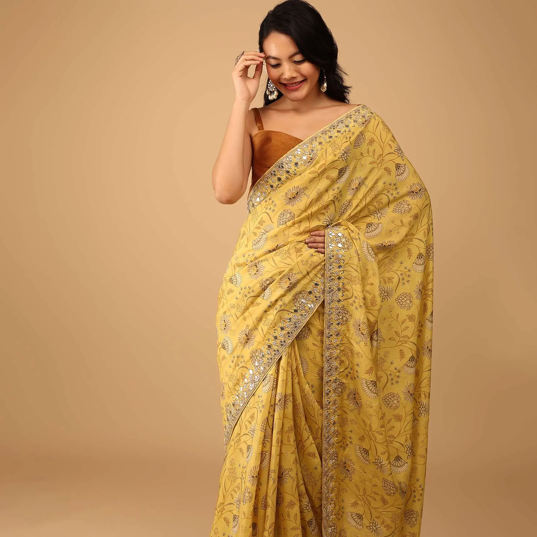Canary Yellow Saree In Muslin With Floral Handblock Print And Embroidery