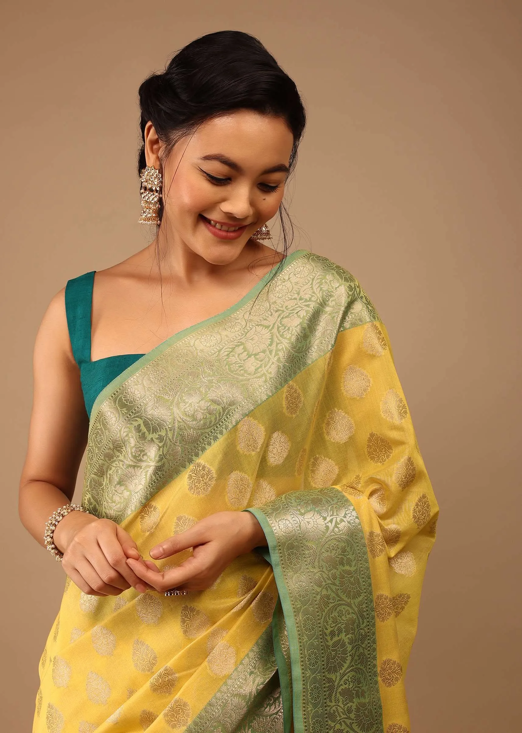 Cyber Yellow Saree In Banarsi Chanderi And Pure Handloom Cotton
