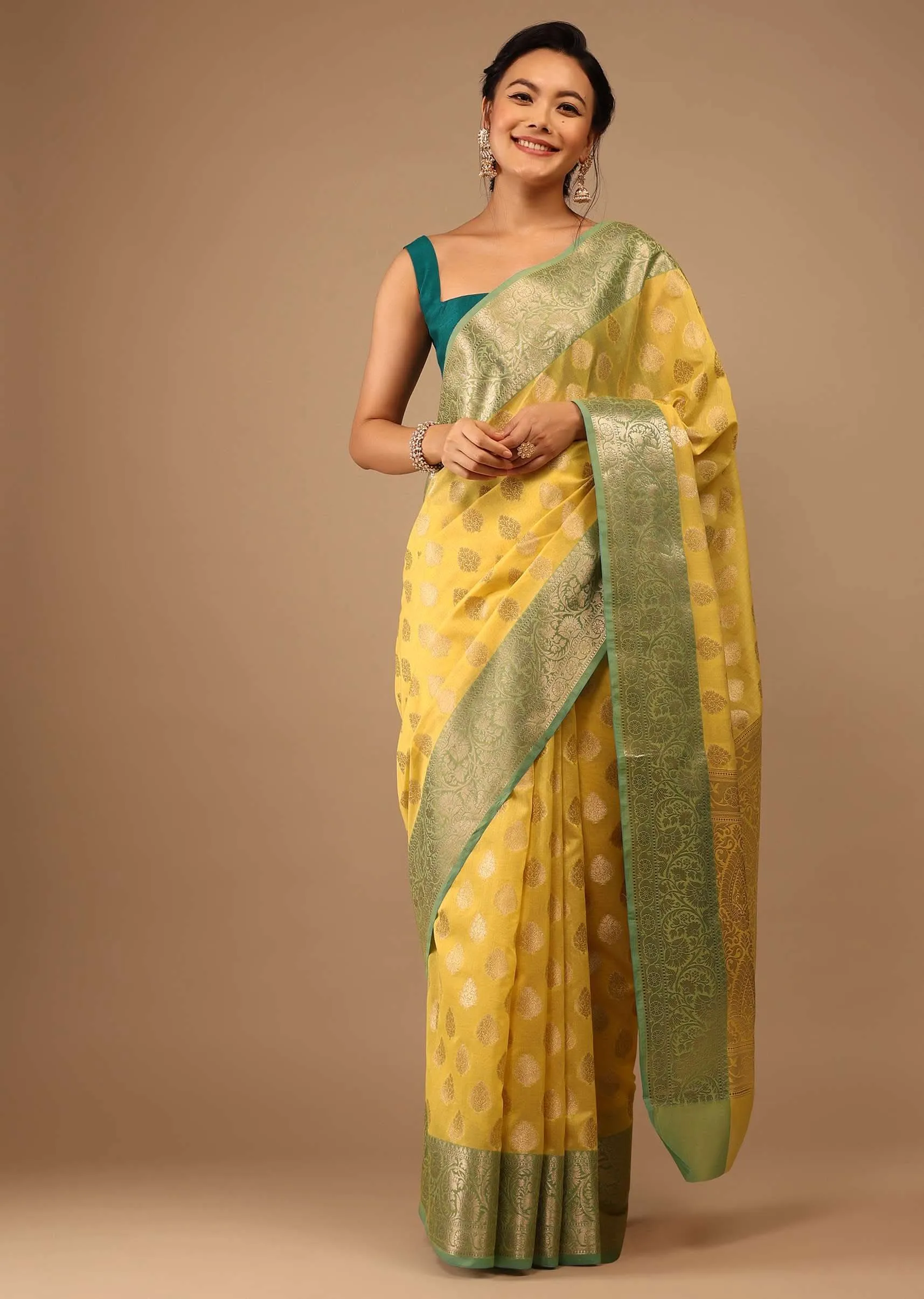 Cyber Yellow Saree In Banarsi Chanderi And Pure Handloom Cotton