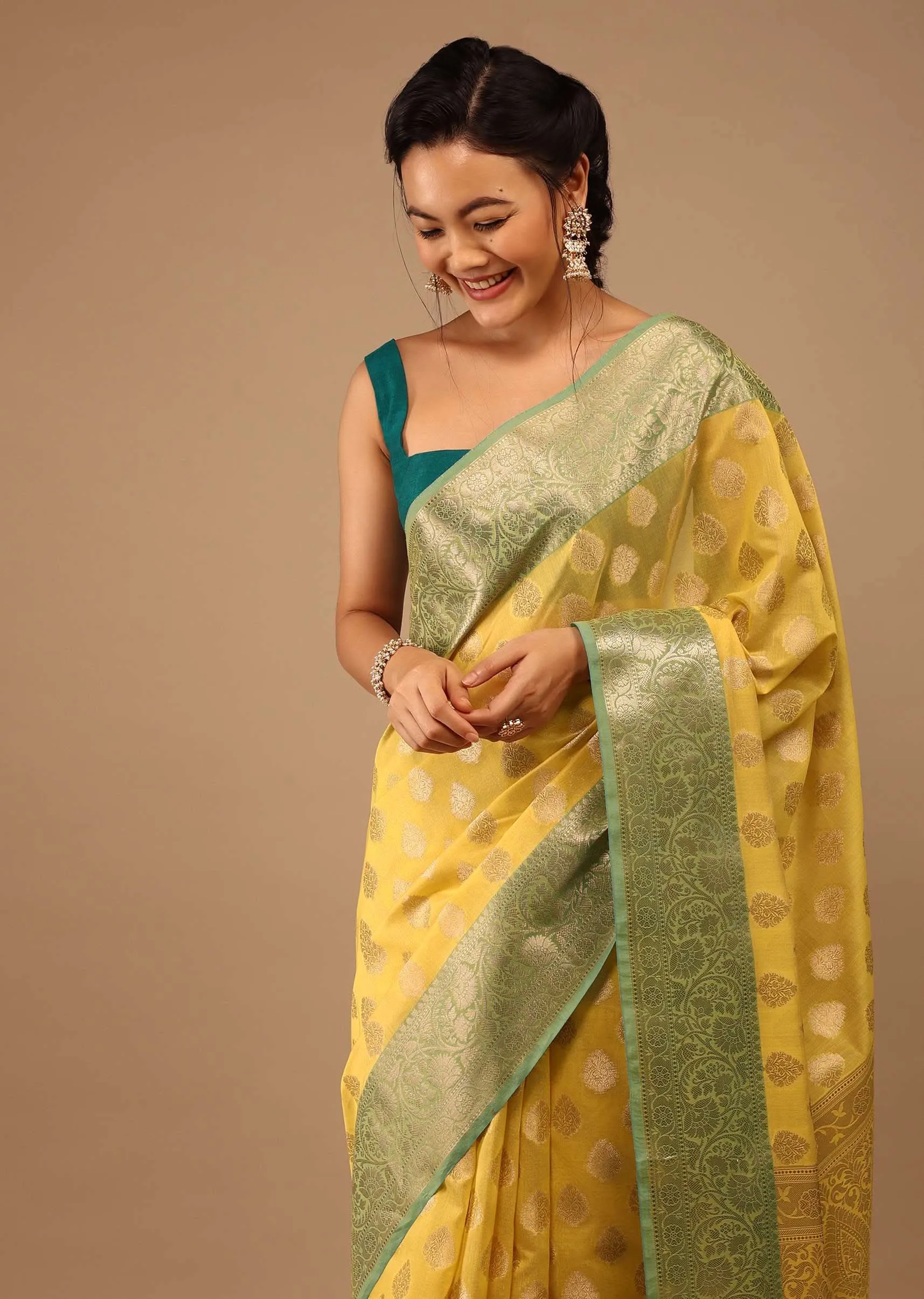 Cyber Yellow Saree In Banarsi Chanderi And Pure Handloom Cotton