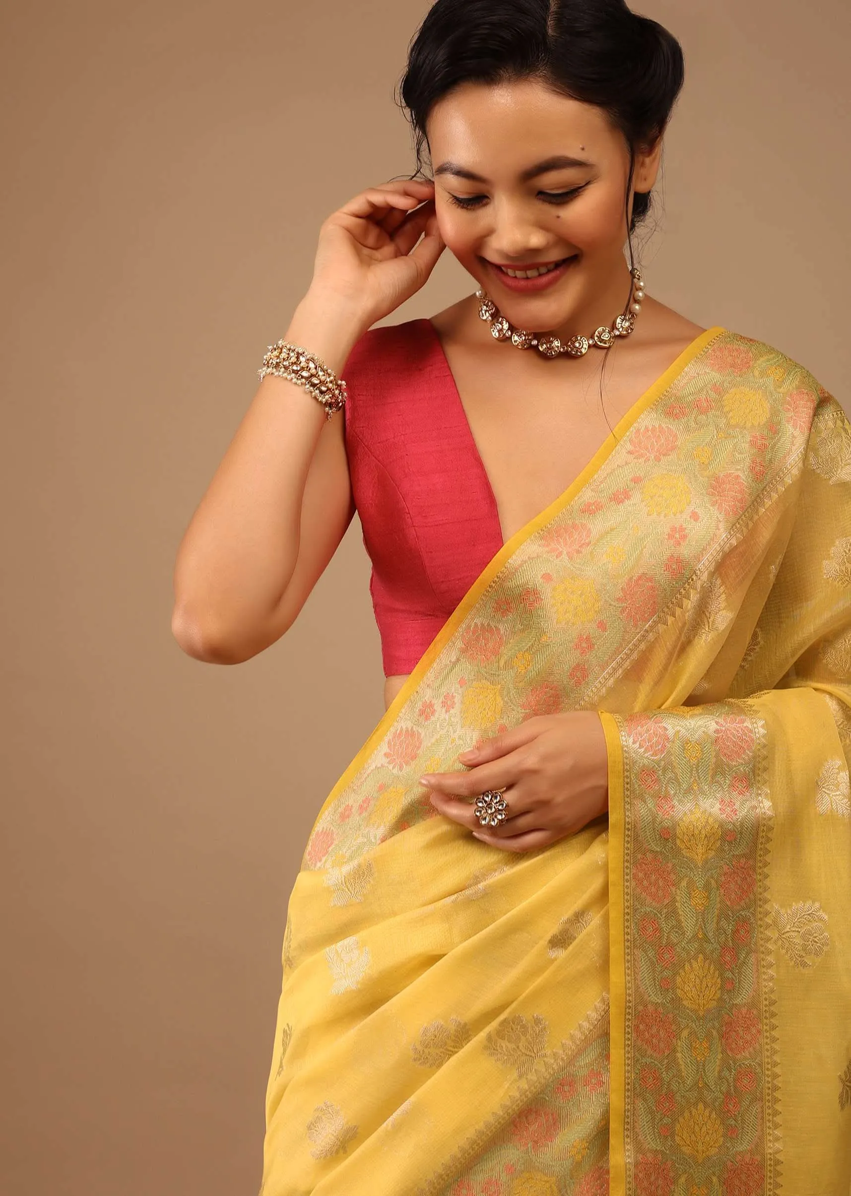 Daffodil Yellow Saree In Banarsi Chanderi And Pure Handloom Cotton