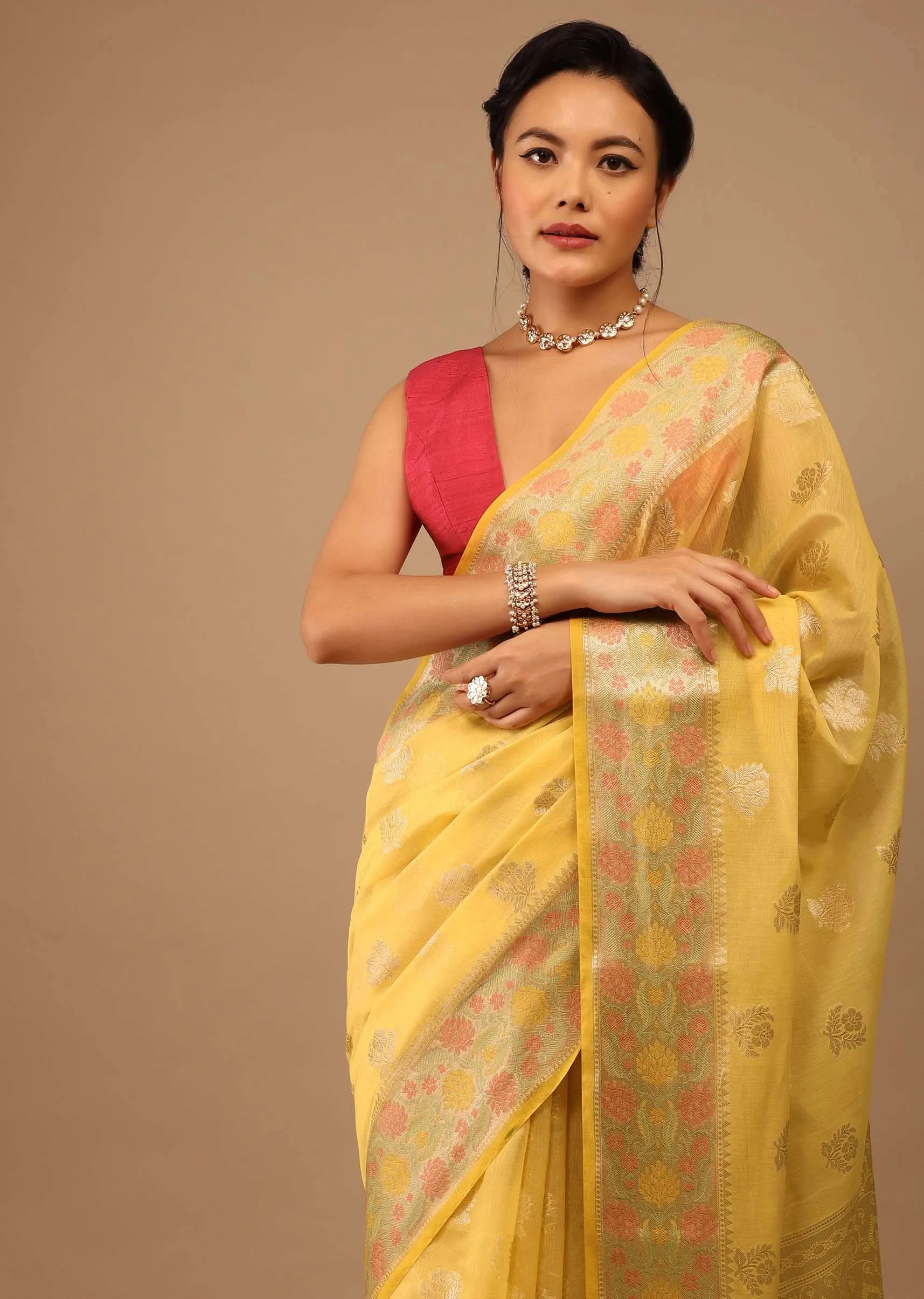 Daffodil Yellow Saree In Banarsi Chanderi And Pure Handloom Cotton