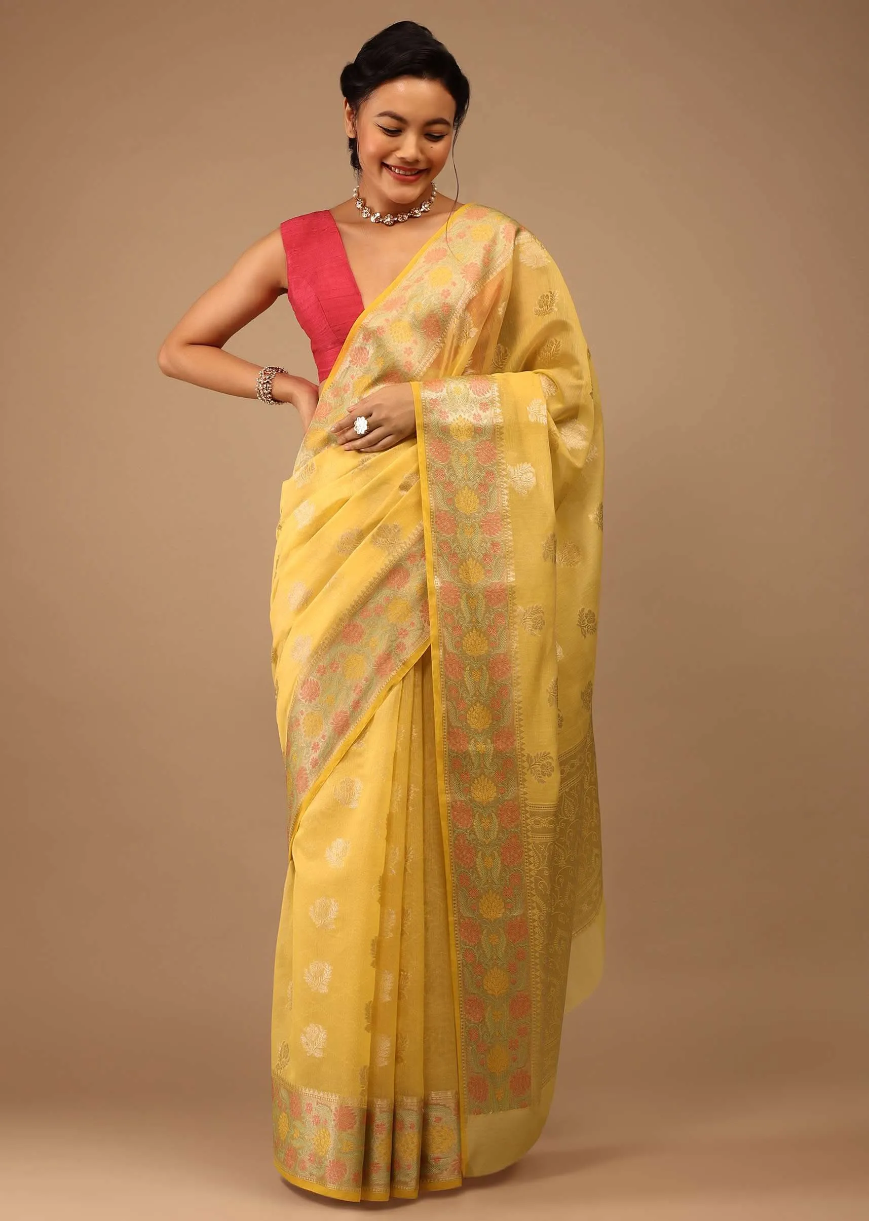Daffodil Yellow Saree In Banarsi Chanderi And Pure Handloom Cotton
