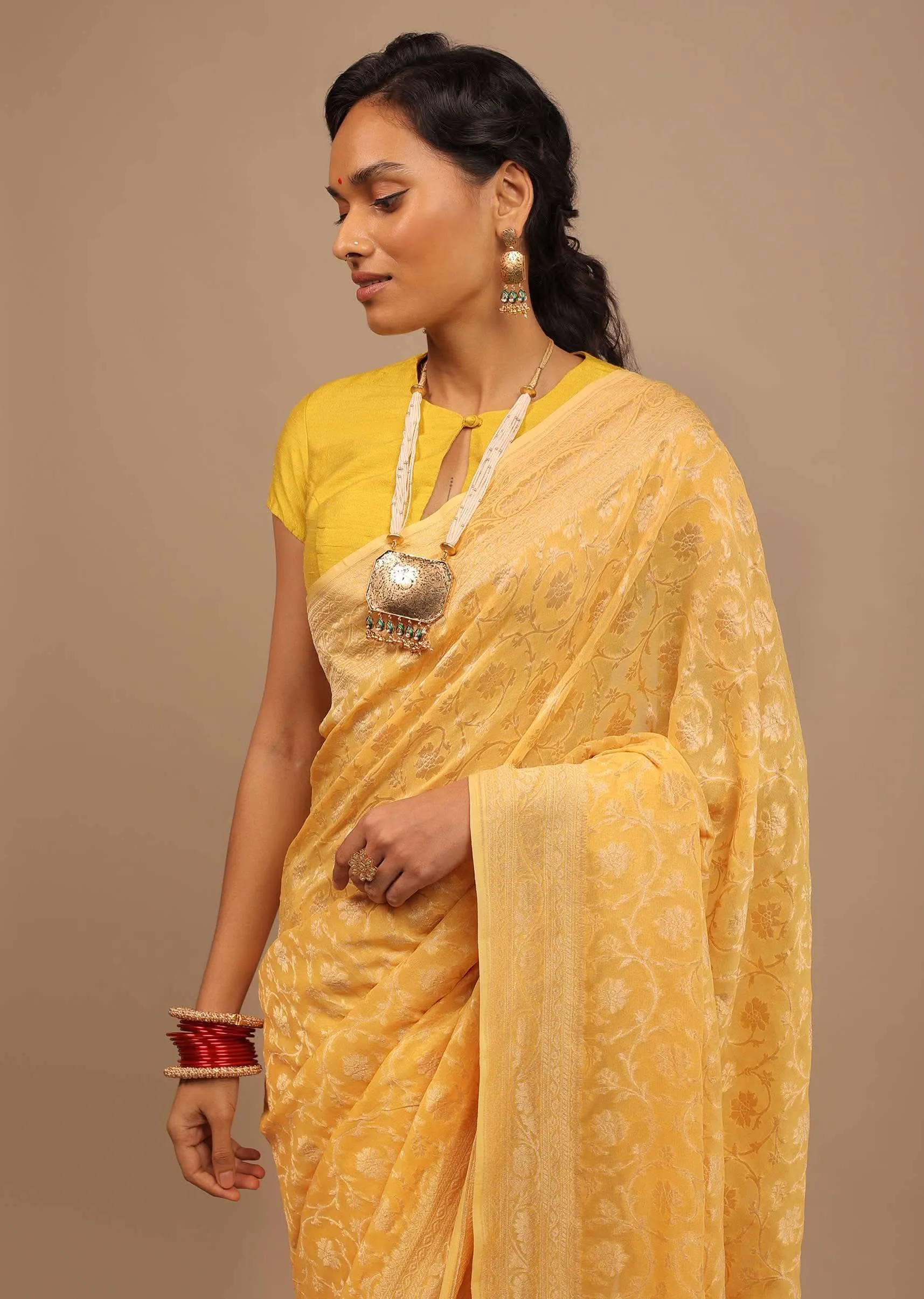 Daffodil Yellow Traditional Saree With Heavy Woven Brocade Work On Border And Pallu