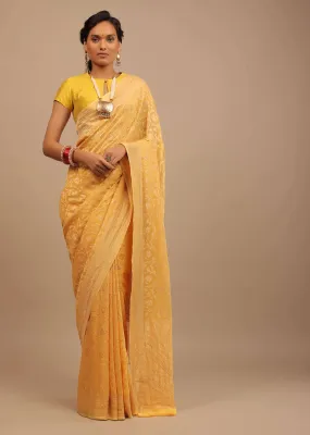 Daffodil Yellow Traditional Saree With Heavy Woven Brocade Work On Border And Pallu