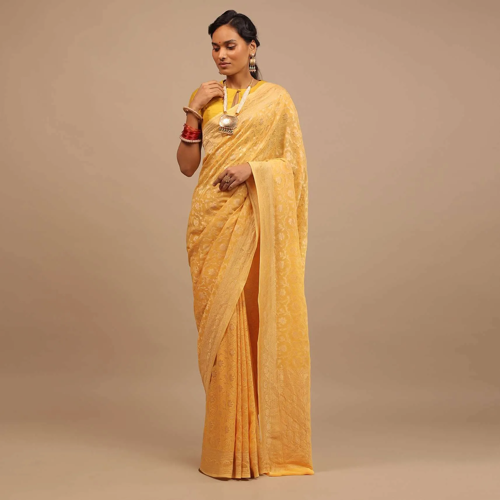 Daffodil Yellow Traditional Saree With Heavy Woven Brocade Work On Border And Pallu