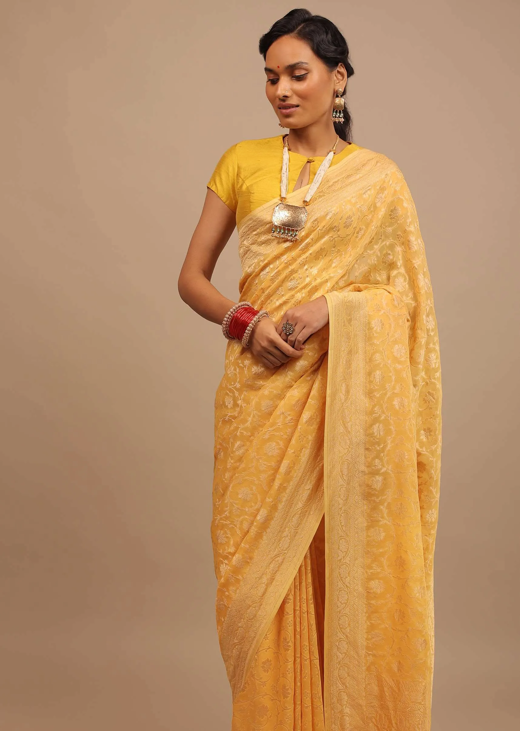 Daffodil Yellow Traditional Saree With Heavy Woven Brocade Work On Border And Pallu
