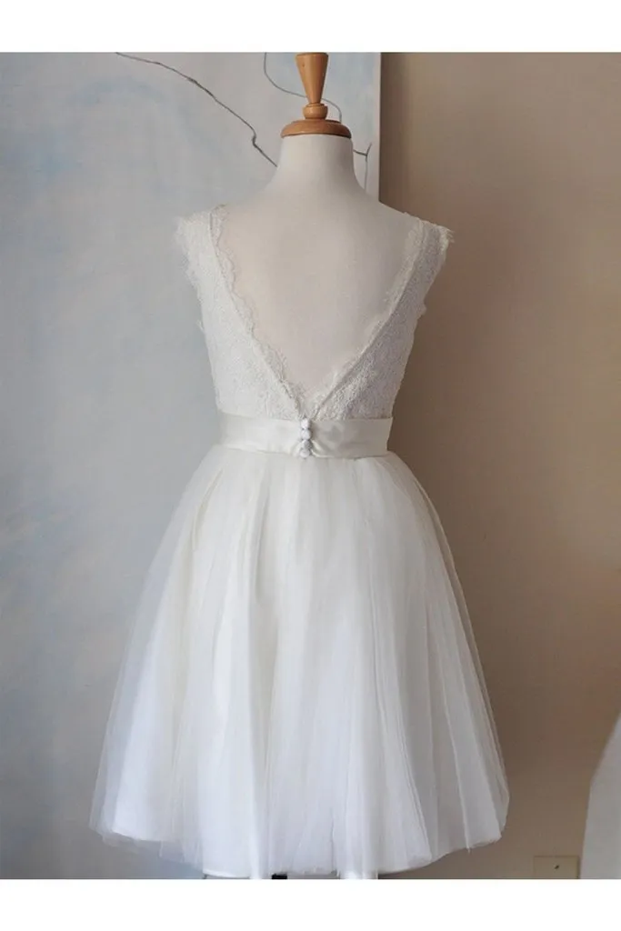 Elegant White Simple Lace V-neck Beach Wedding Dresses PFW0302