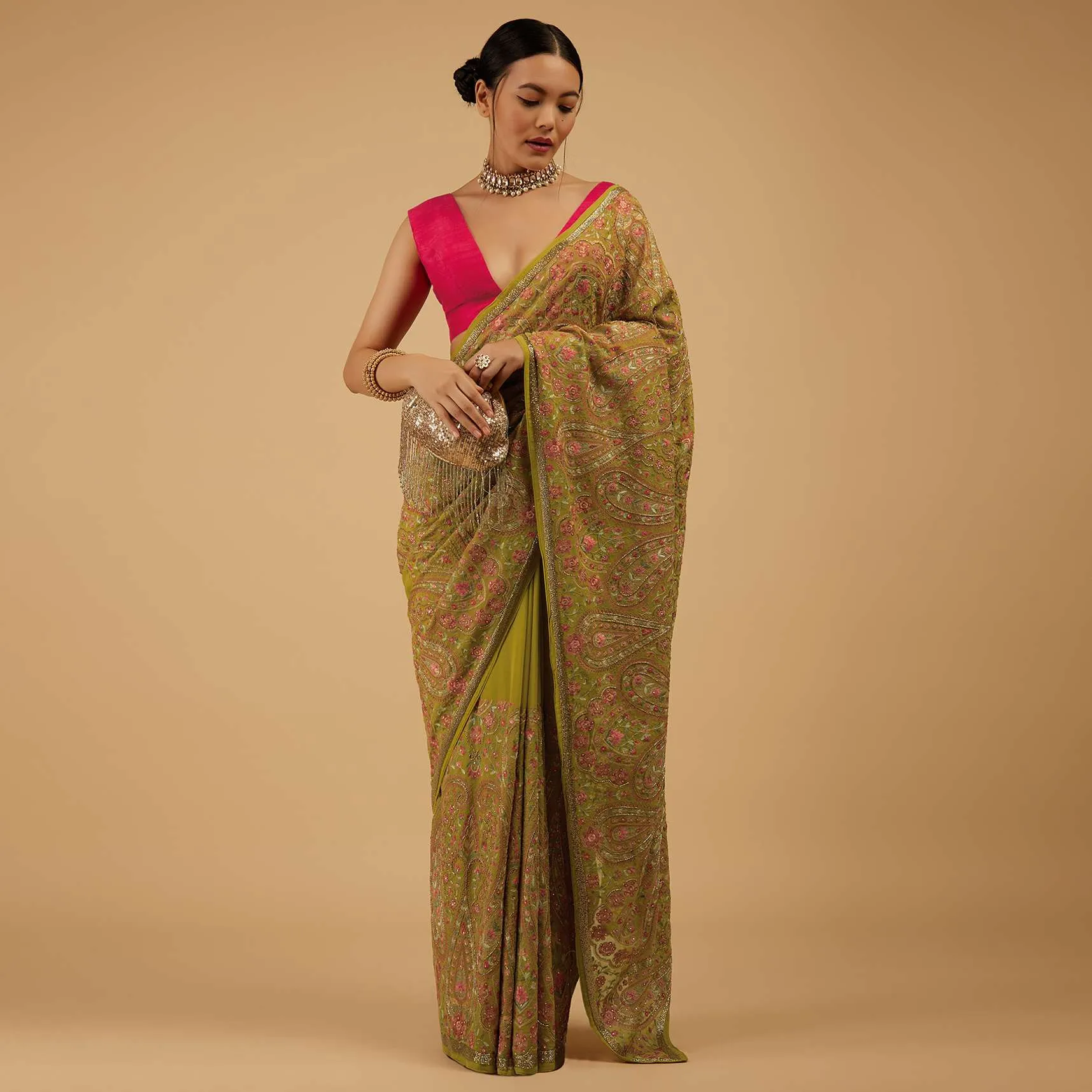 Festive Burnished Citrus Green Saree Kashmiri Embroidered In Georgette