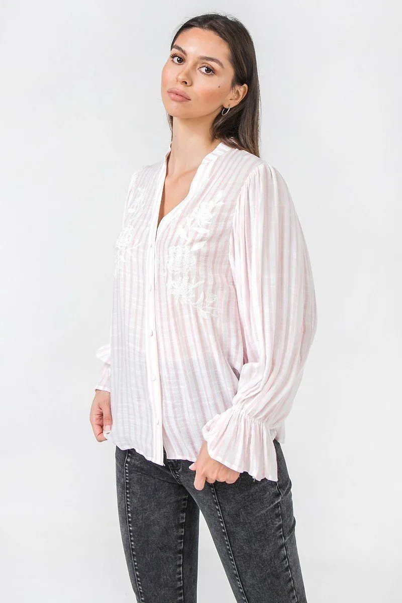 Floral Eyelet Yoke Top with Elbow Sleeves Fashion Top Blouse