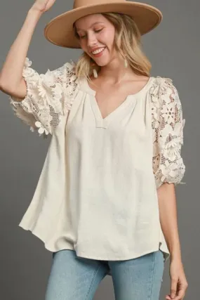 French Terry Boxy Cut Top with 3D Floral Lace Sleeves – Chic Boho Blouse