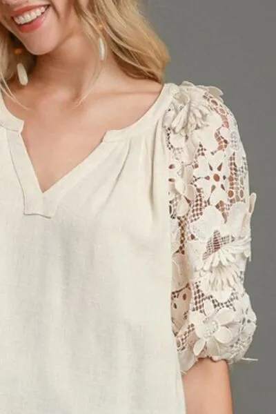 French Terry Boxy Cut Top with 3D Floral Lace Sleeves – Chic Boho Blouse