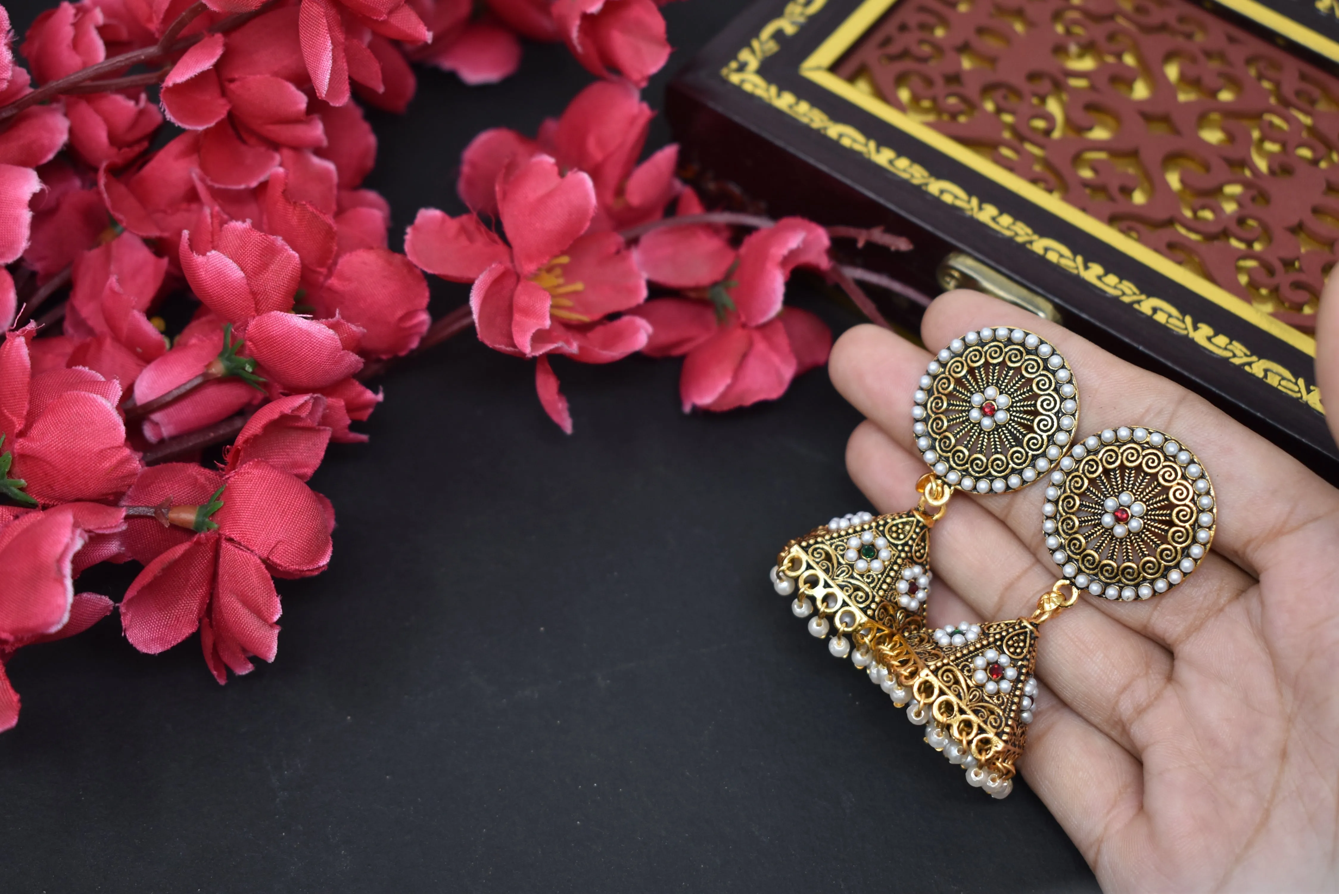 Gold-Plated Oxidized Jhumkas: Women's Earring Delight