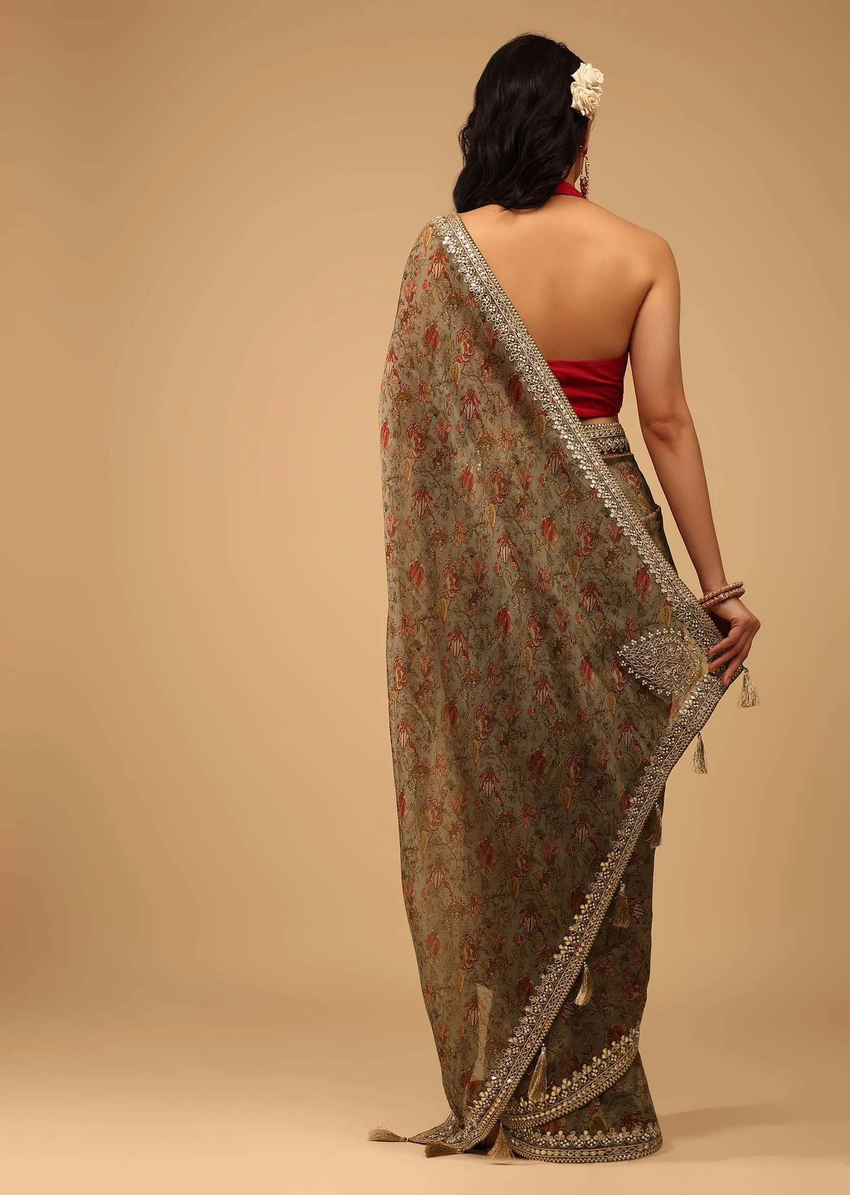 Green Floral Saree In Crepe With Embroidery