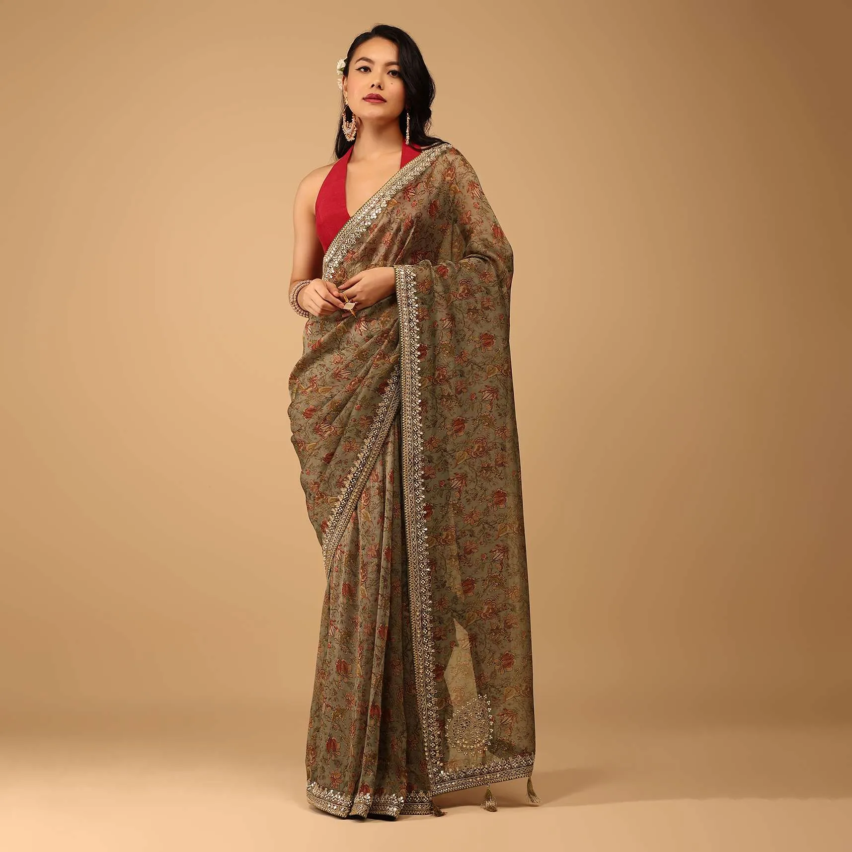 Green Floral Saree In Crepe With Embroidery