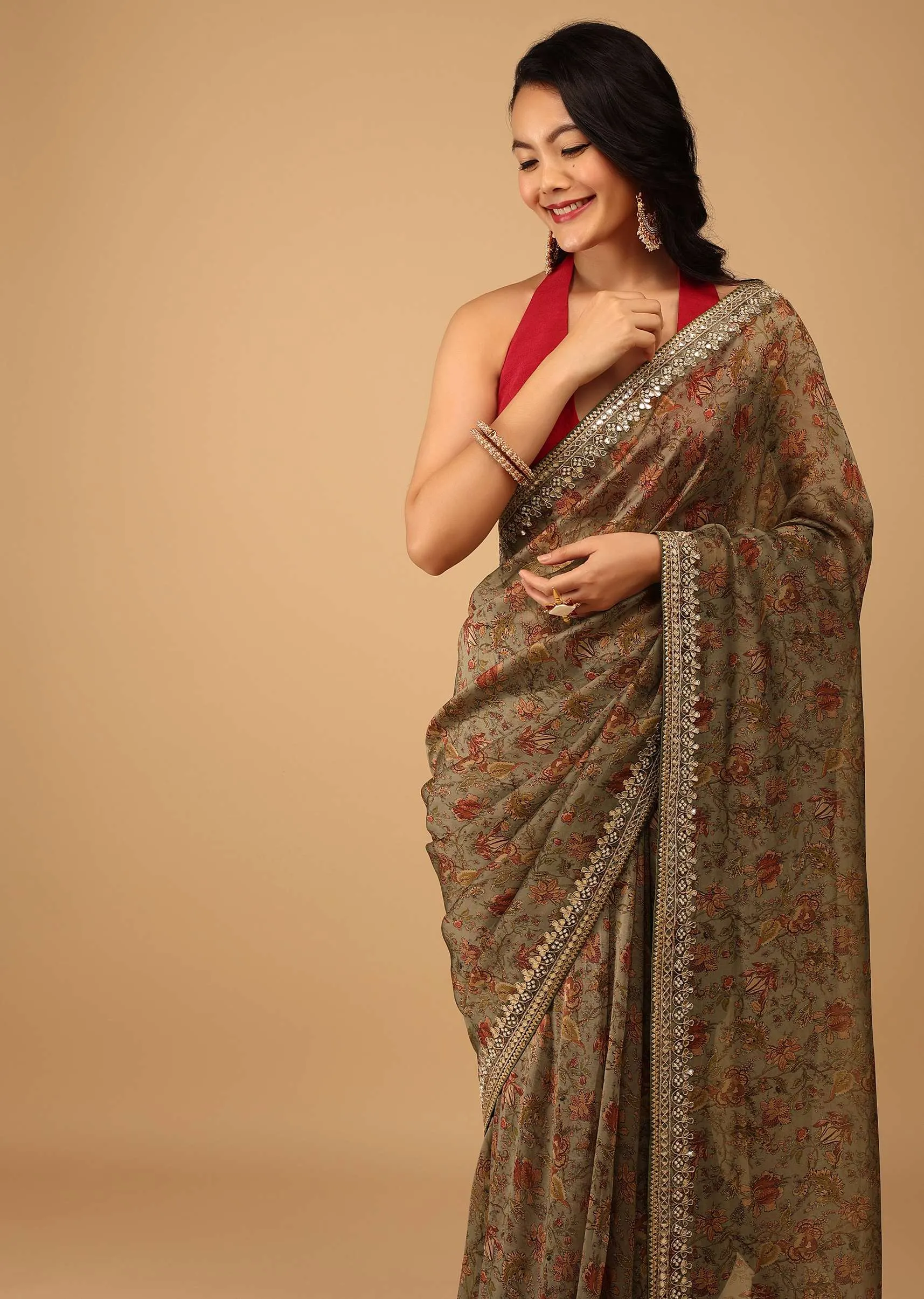 Green Floral Saree In Crepe With Embroidery