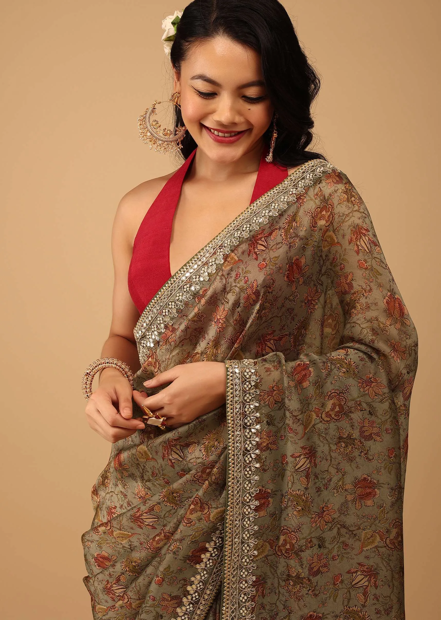 Green Floral Saree In Crepe With Embroidery