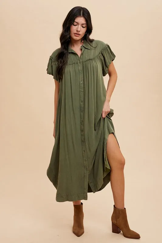 Green Mineral Washed Button-Down Puff Sleeve Shirt Dress