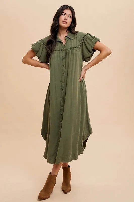 Green Mineral Washed Button-Down Puff Sleeve Shirt Dress