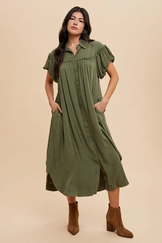 Green Mineral Washed Button-Down Puff Sleeve Shirt Dress