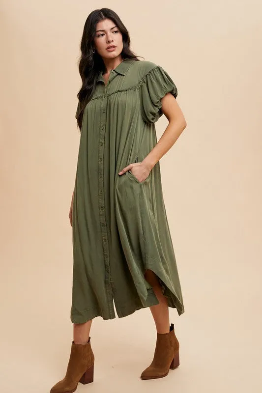 Green Mineral Washed Button-Down Puff Sleeve Shirt Dress