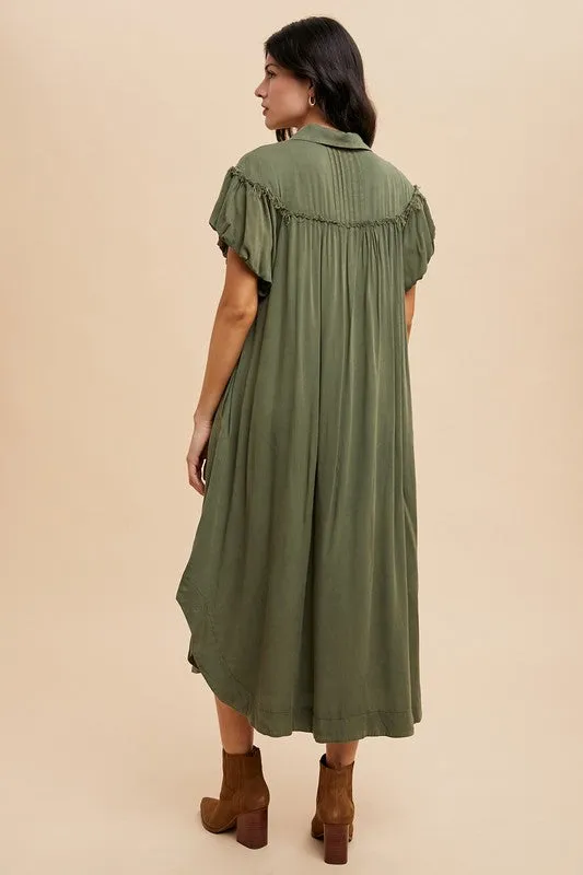 Green Mineral Washed Button-Down Puff Sleeve Shirt Dress